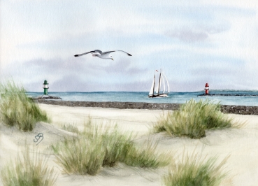 Postkarte DIN-A6 Aquarell Maritim Kunst Druck Kunstdruck Ostsee Leuchtturm Warnemünde West- und Ostmole Mole Molenfeuer Rostock